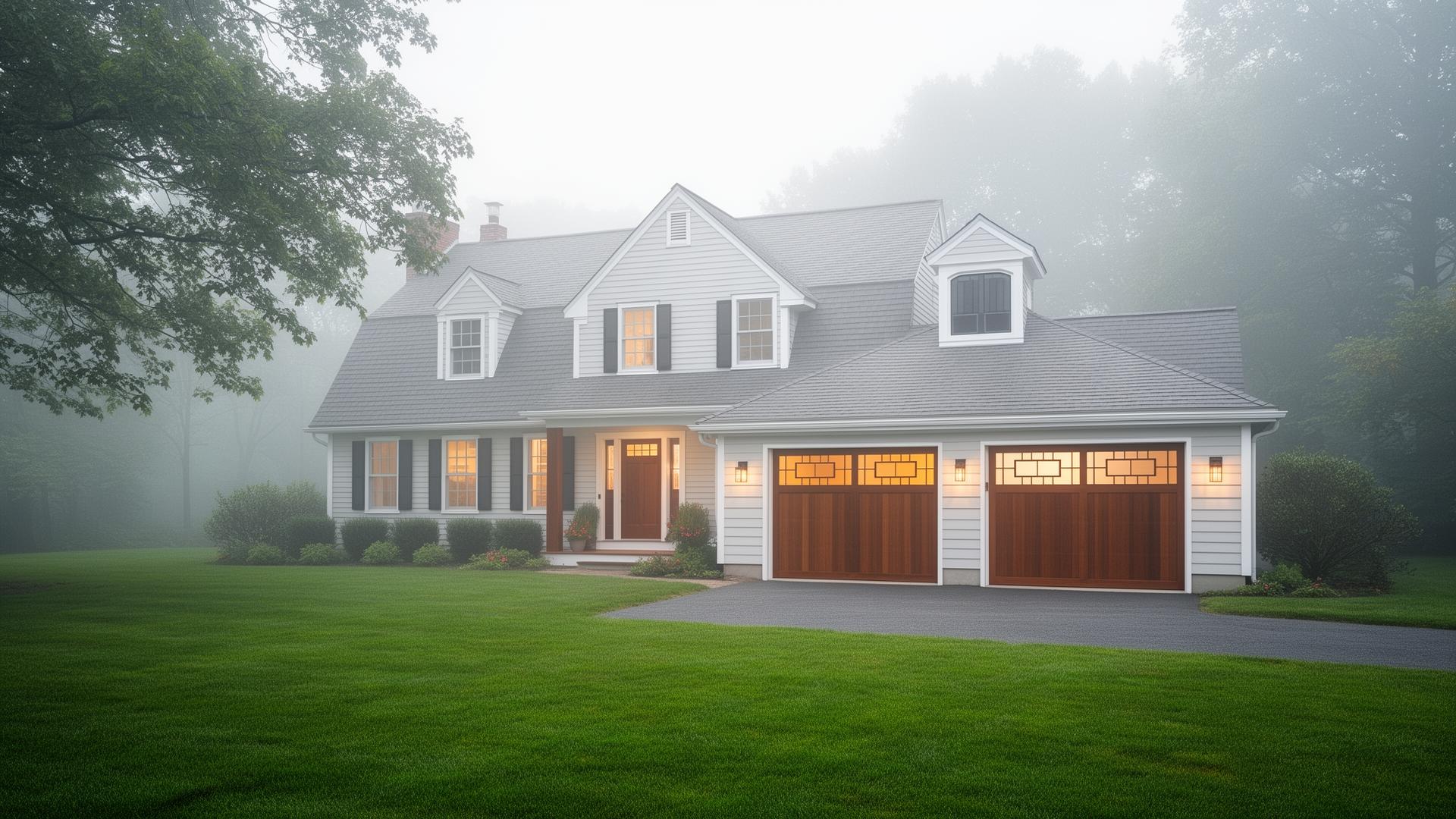 Professional garage door installation on a beautiful New England home in Halifax Massachusetts